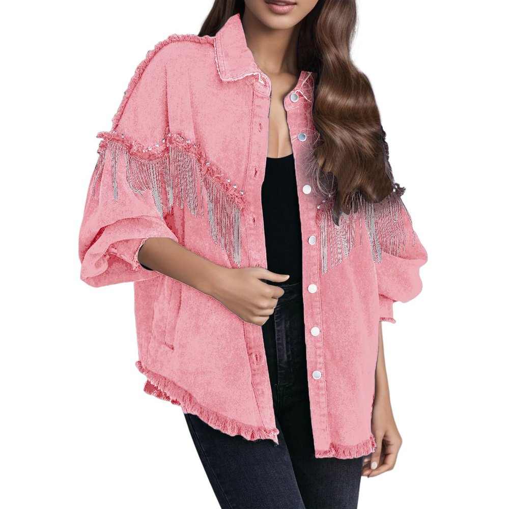 Women's Vintage Denim Jacket with Studs and Fringe