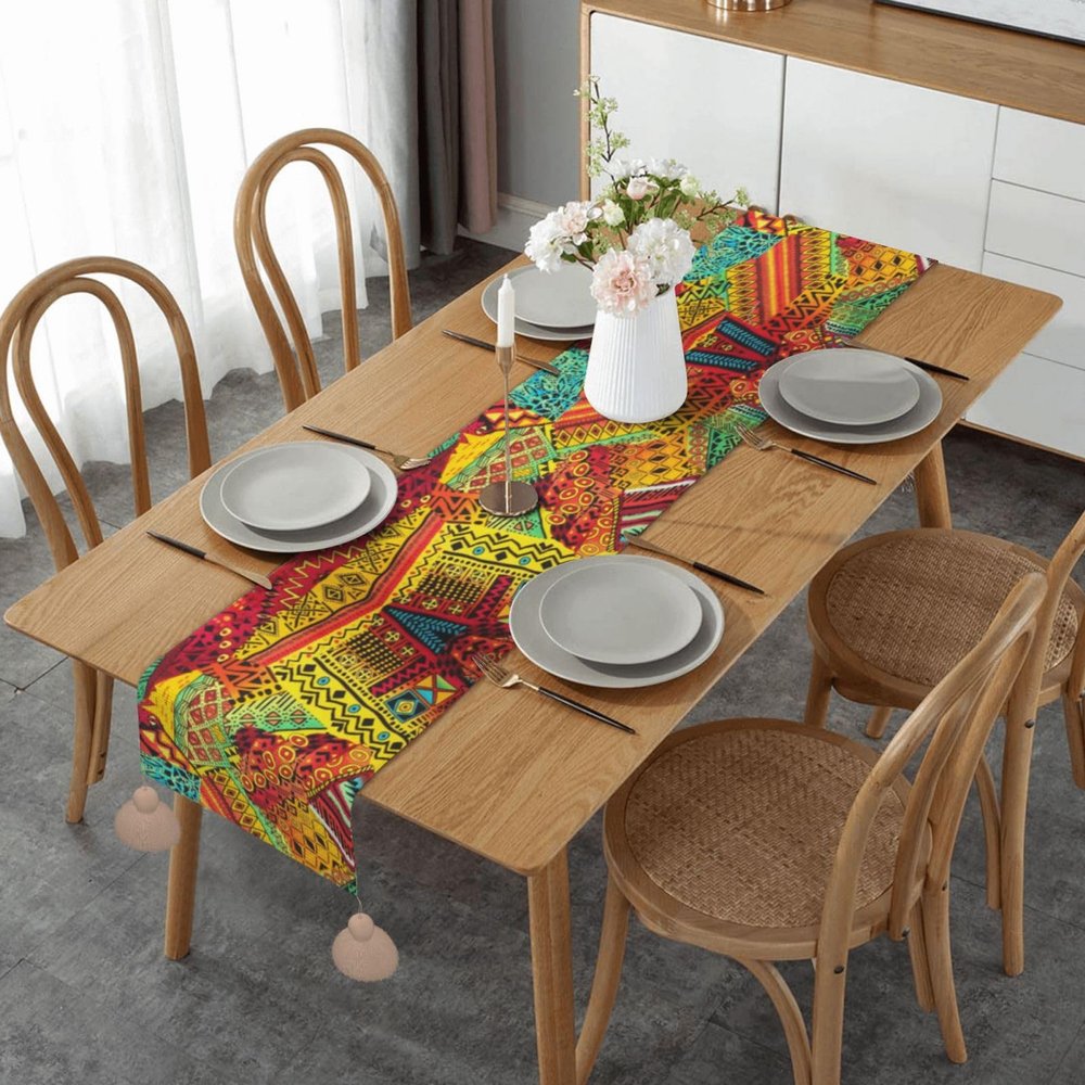 African Patchwork Print Table Runner with Tassels
