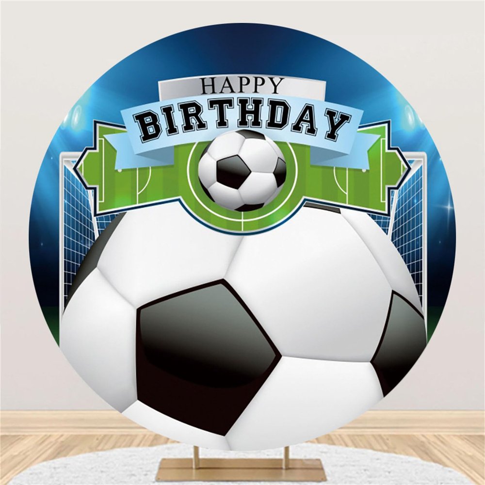 Mateju Happy Birthday Football Pattern Round Photography Backdrop, 5.9 ft Diameter