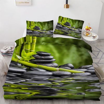 ROUSKI Zen Duvet Cover Set, 135 x 200 cm, 4-Piece, 100% Microfiber, Reversible 3D Stone Bamboo Design, Zipper, 2 Pillowcases 80 x 80 cm