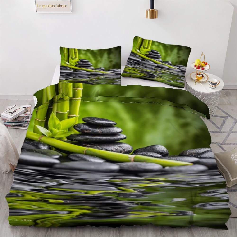 ROUSKI Zen Duvet Cover Set, 135 x 200 cm, 4-Piece, 100% Microfiber, Reversible 3D Stone Bamboo Design, Zipper, 2 Pillowcases 80 x 80 cm