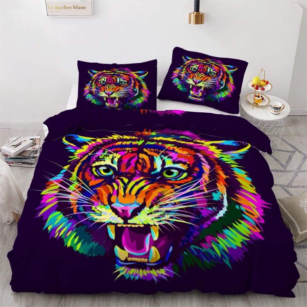 ROUSKI Tiger Duvet Cover Set, 220 x 240 cm, 3-Piece, 100% Lightweight Microfiber, Reversible Graffiti 3D Print, Zipper, 2 Pillowcases