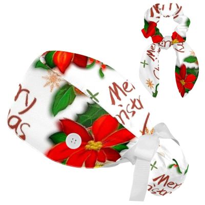 HOHODIY Christmas Cap with Buttons, Adjustable Surgical Bouffant Cap with Bow, Hair Scrunchie for Women, Multicolor 04, M/L