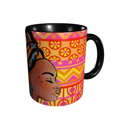 RFSHOP African Girl Ethnic Geometric Print Ceramic Coffee Mug, 325 ml Travel Tea Cup for Office and Home