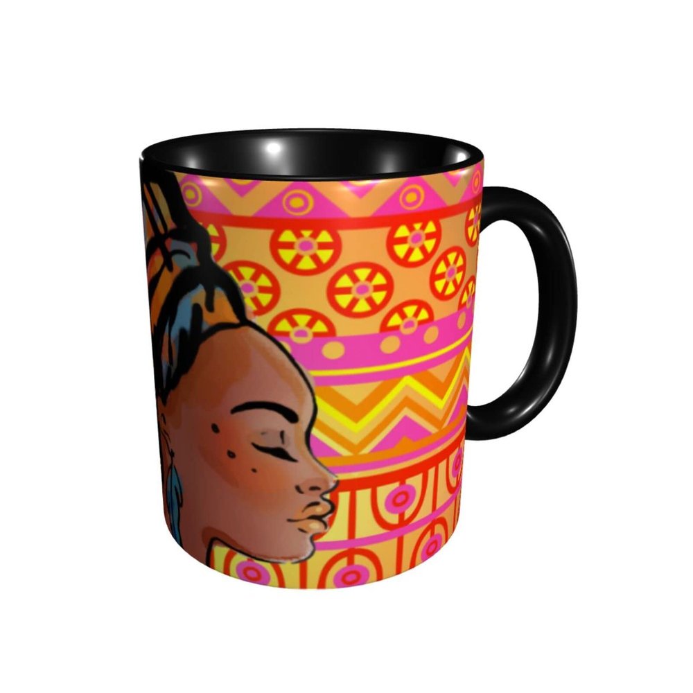 RFSHOP African Girl Ethnic Geometric Print Ceramic Coffee Mug, 325 ml Travel Tea Cup for Office and Home
