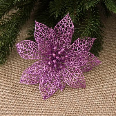 10 Glitter Poinsettia Christmas Tree Ornaments, Purple