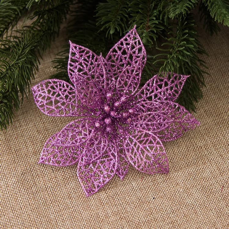 10 Glitter Poinsettia Christmas Tree Ornaments, Purple