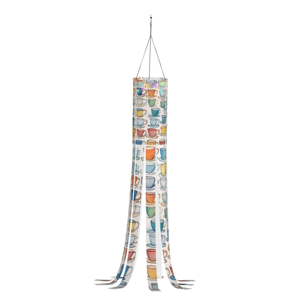 Halloween Witch Windsock with Hand-Drawn Teapots and Cups, Illuminated Holiday Outdoor Decoration