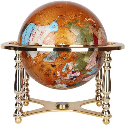 21.6"-Tall Gemstone Globe, 33 cm/12.9" Diameter, with Four Gold Stands and Compass, 720° Rotatable