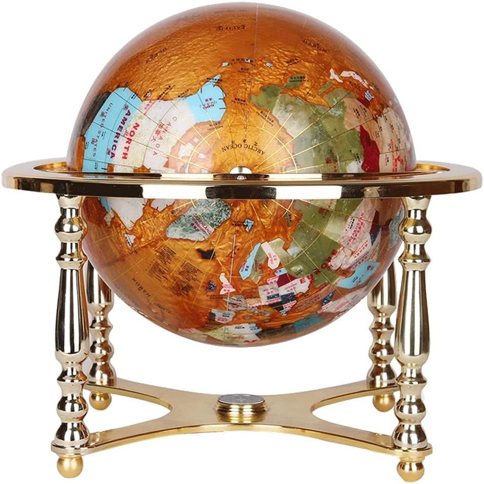 21.6"-Tall Gemstone Globe, 33 cm/12.9" Diameter, with Four Gold Stands and Compass, 720° Rotatable