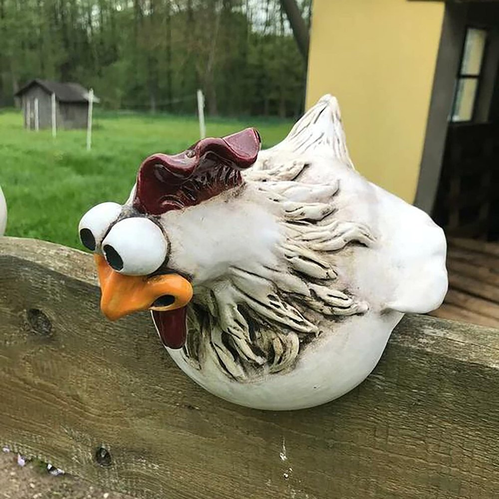 Ceramic Chicken Garden Decor, Hen Garden Statue and Outdoor Ornament, Garden Stake, Backyard Fence Perch (A, One Size)