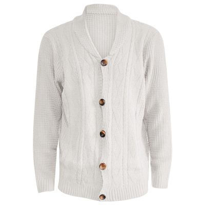 Duohropke Men's Cable-Knit Cardigan, Chunky-Knit Sweater with Buttons and Stand Collar