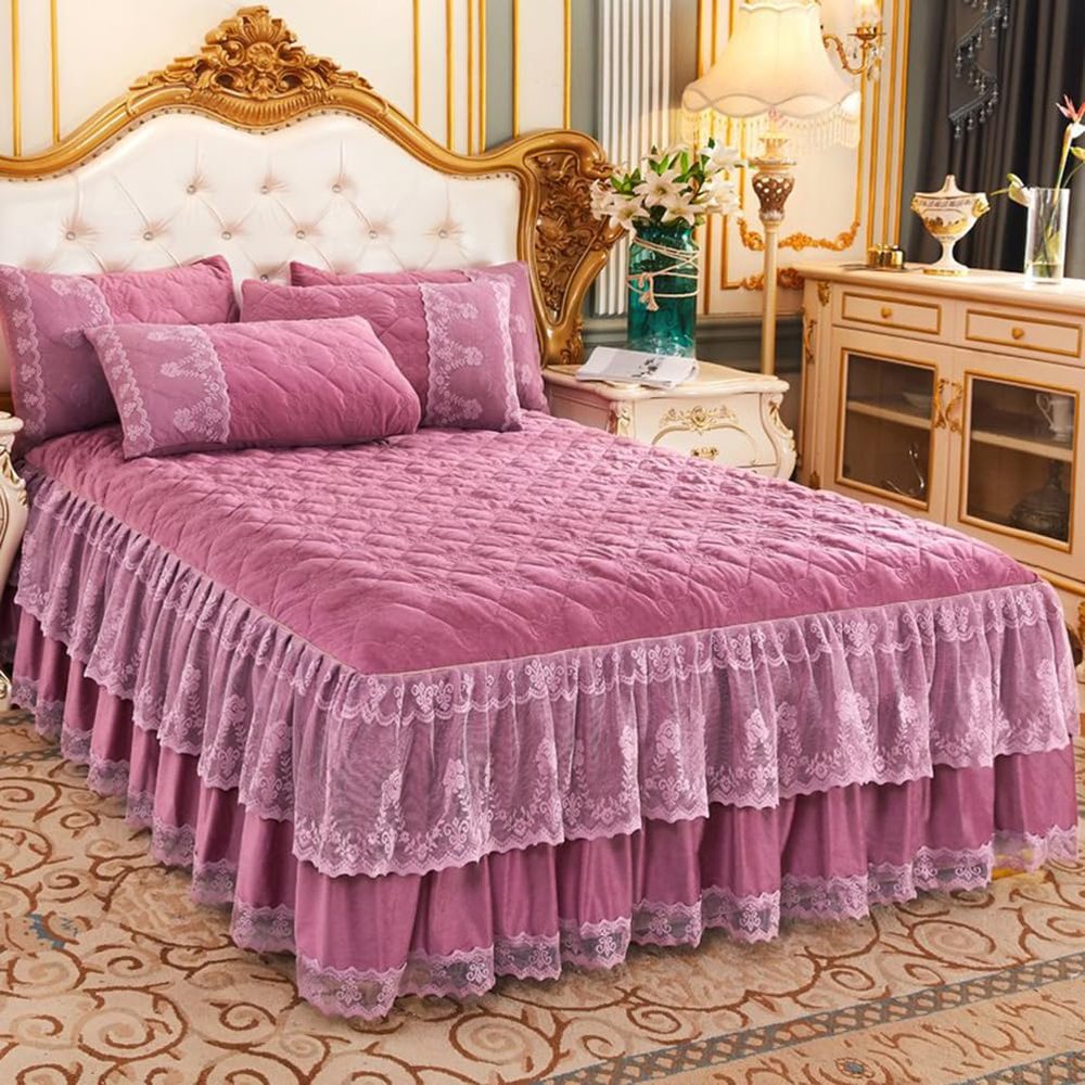 ZYFAB Luxury Velvet Bed Skirt, Pink, 180 × 220 cm