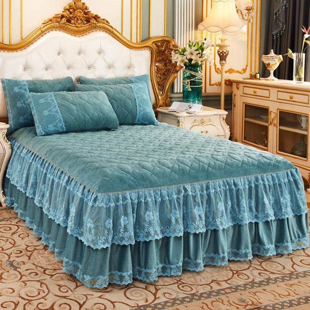 ZYFAB Luxury Velvet Bed Skirt, Thick Quilted Dust Ruffle, Green, 180 × 200 cm, Version B