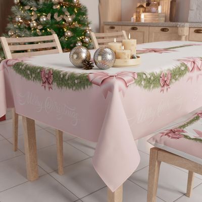 Petti Christmas Tablecloth 140 x 360 cm, Rectangular, Stain-Resistant Microfiber, Pink Feather Bow