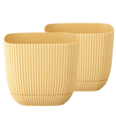 Tymar Flower Pot with Saucer, 2-Pack, Plastic Cachepot, Square Shape (11 x 11 cm, Yellow)