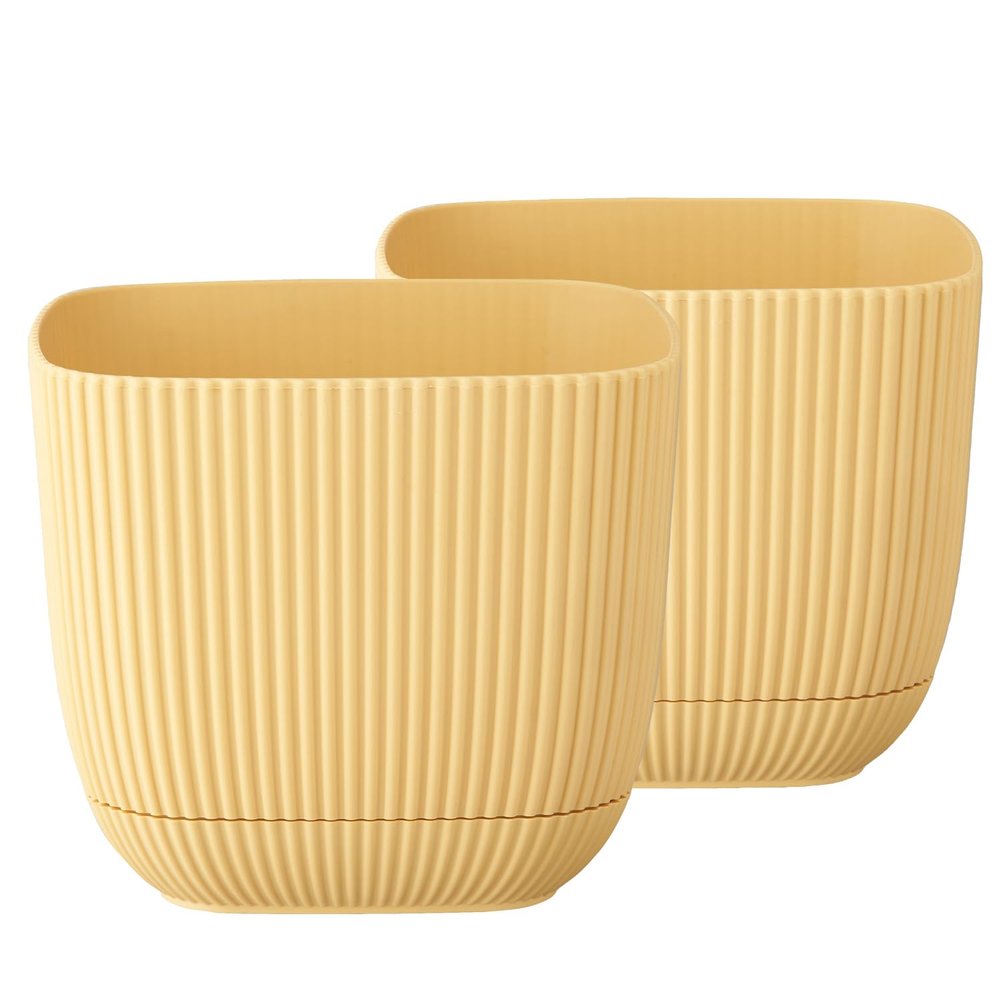 Tymar Flower Pot with Saucer, 2-Pack, Plastic Cachepot, Square Shape (11 x 11 cm, Yellow)