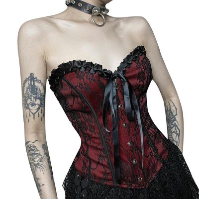 CABULE Bandages Vintage Lace Gothic Steampunk Corsets Women's Underwear Dance Costumes Floral Lace Bone Corsets-1-L
