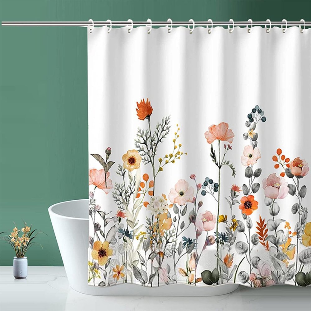 White Floral Polyester Shower Curtain, 160 x 200 cm