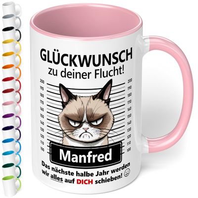 Farewell Gift for Coworkers: Personalized Ceramic Mug “Congrats on Your Escape!” – 330 ml, Cat Design, Pink