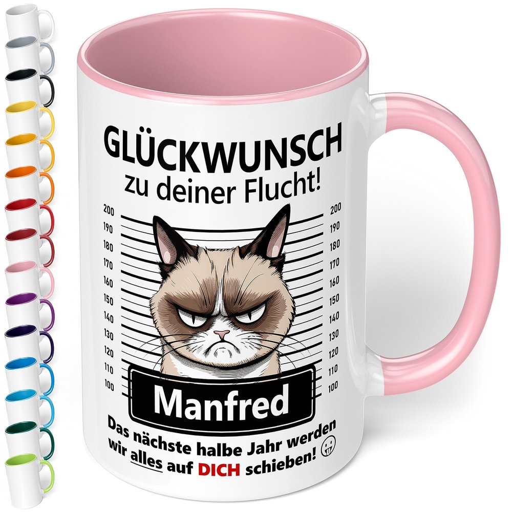 Farewell Gift for Coworkers: Personalized Ceramic Mug “Congrats on Your Escape!” – 330 ml, Cat Design, Pink