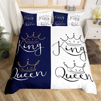 Crown Queen King Duvet Cover Set, Couple Lovers Bedding Set, White and Navy Blue