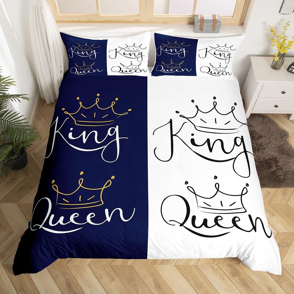 Crown Queen King Duvet Cover Set, Couple Lovers Bedding Set, White and Navy Blue