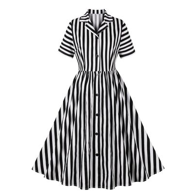 Women's Black and White Striped 1950s Rockabilly Pin-Up Dress, Small