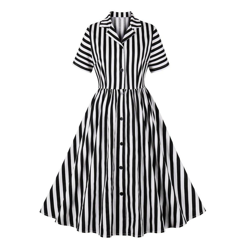 Women's Black and White Striped 1950s Rockabilly Pin-Up Dress, Small