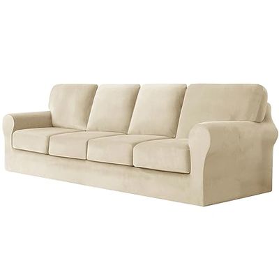 SYLC Split Sofa Cover with Separate Seat Cushion and Backrest Covers, Anti-Slip, Beige, Large 4-Seat Set, 9 Pieces