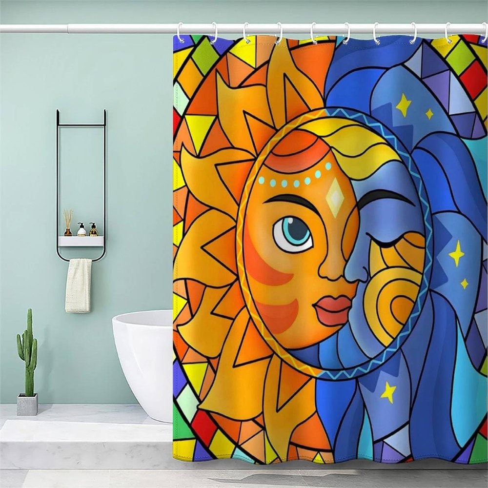 AKATIE Sun Shower Curtain 180 x 200 cm, 3D Waterproof Fabric with 12 Hooks