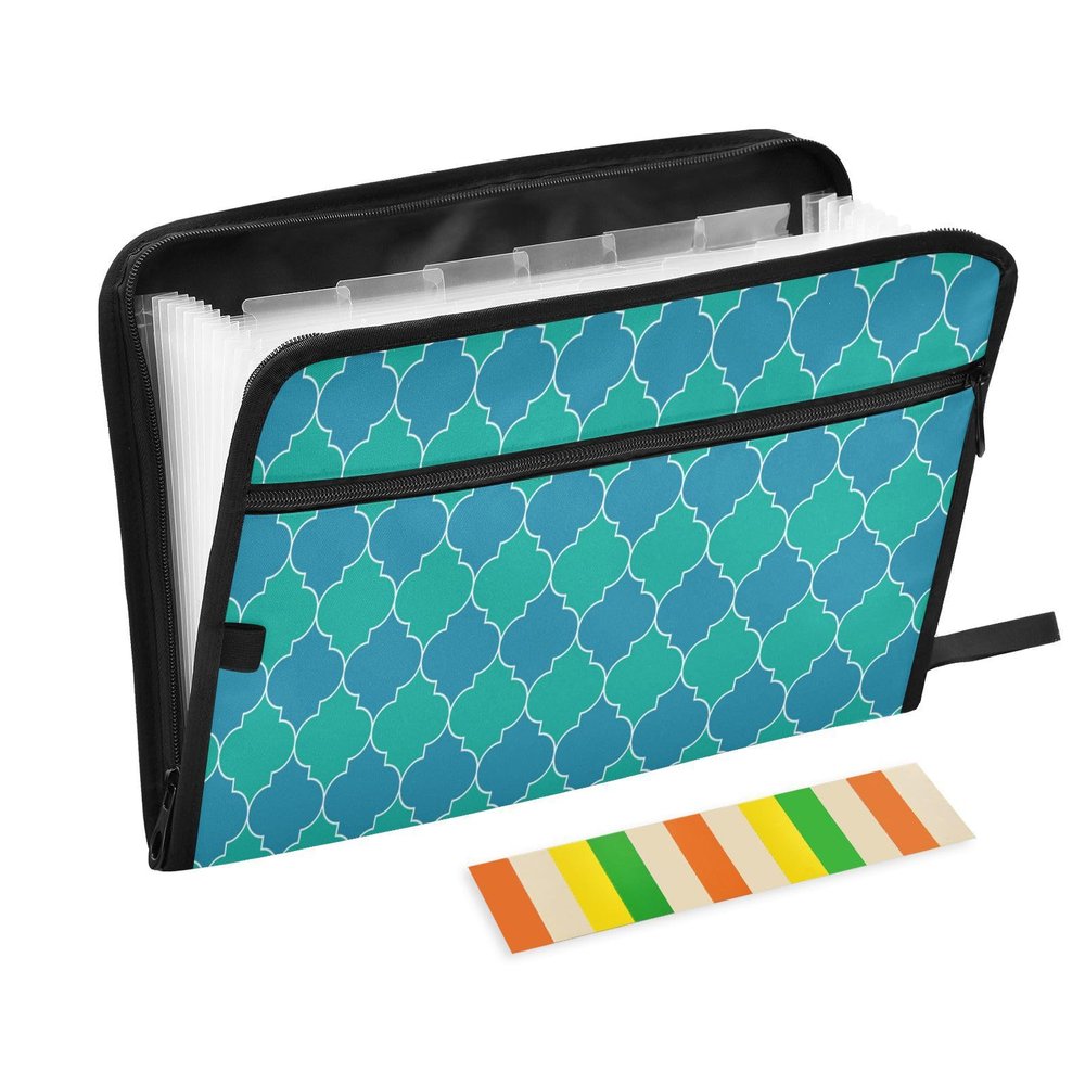 Accordion File Folder with 13 Pockets, A4, Letter Size, Zipper, Moroccan Trellis 04