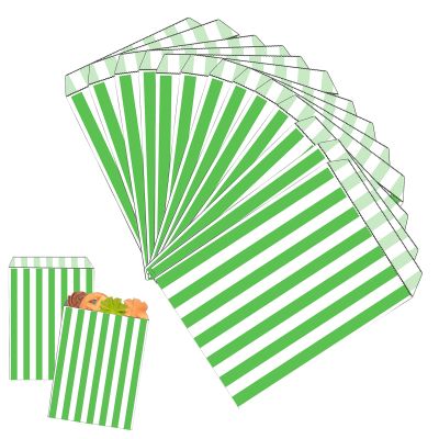 100 Green Striped Paper Bags, 12 x 18 cm, Gift Bags for Candy, Cookies and Snacks