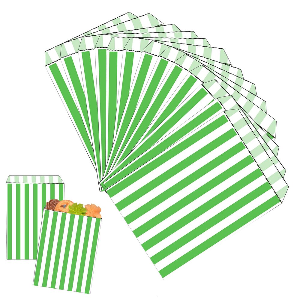 100 Green Striped Paper Bags, 12 x 18 cm, Gift Bags for Candy, Cookies and Snacks