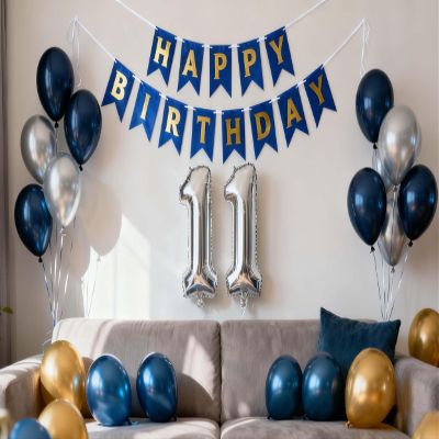11th Birthday Decorations for Boys, Metallic Silver, Blue & Gold Balloons