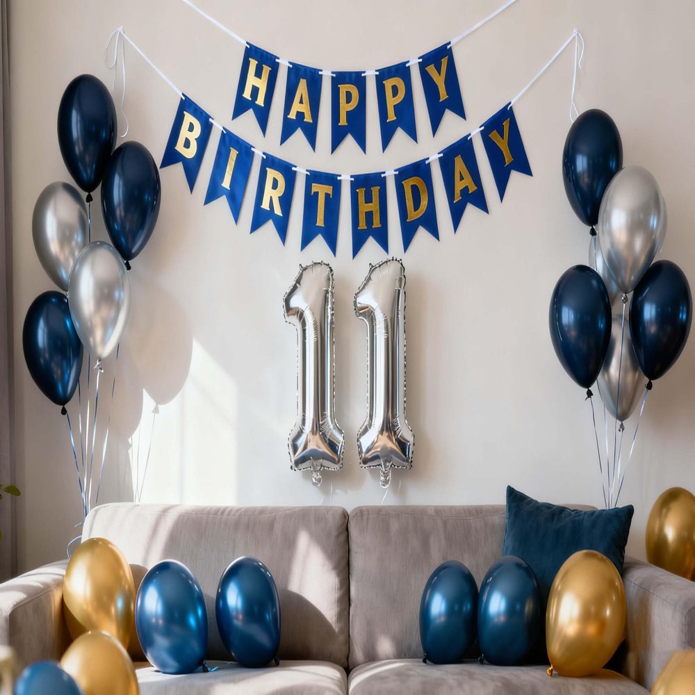 11th Birthday Decorations for Boys, Metallic Silver, Blue & Gold Balloons