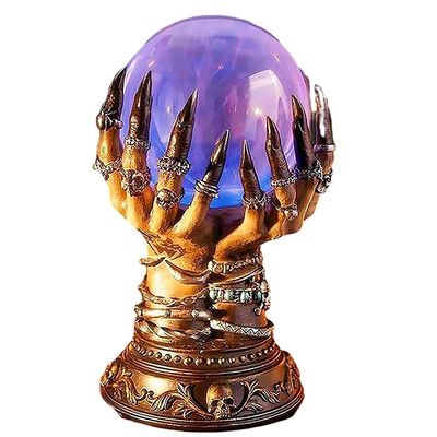Yusat Halloween Illuminated Crystal Ball with Witch Hands and Skull, Brown