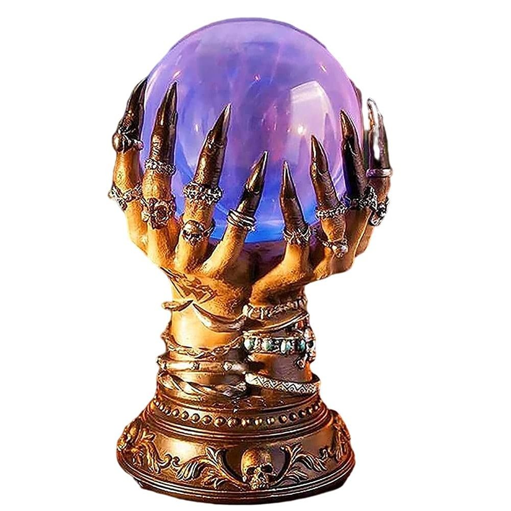 Yusat Halloween Illuminated Crystal Ball with Witch Hands and Skull, Brown