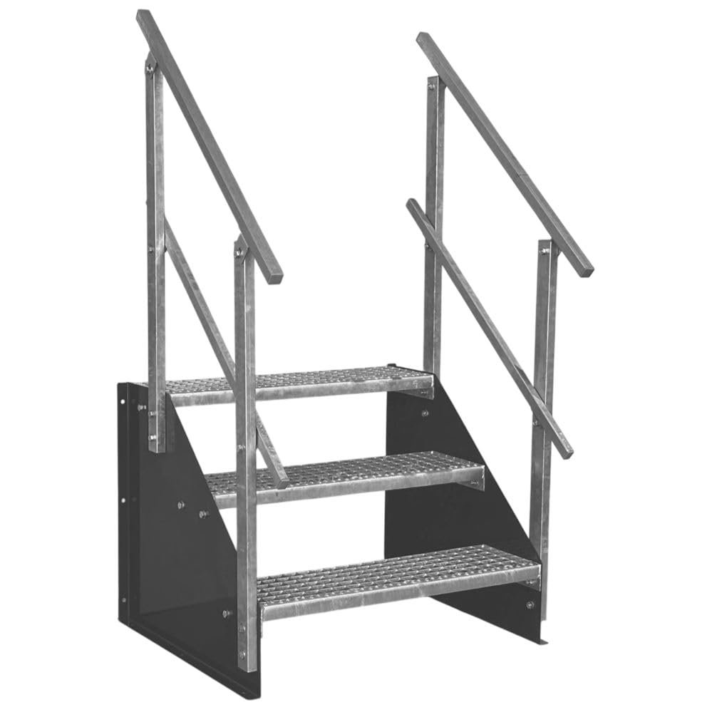 SRM Design 3-Step Freestanding Steel Grating Staircase, 130 cm Wide, 63 cm High, Anthracite, Two-Sided Handrails