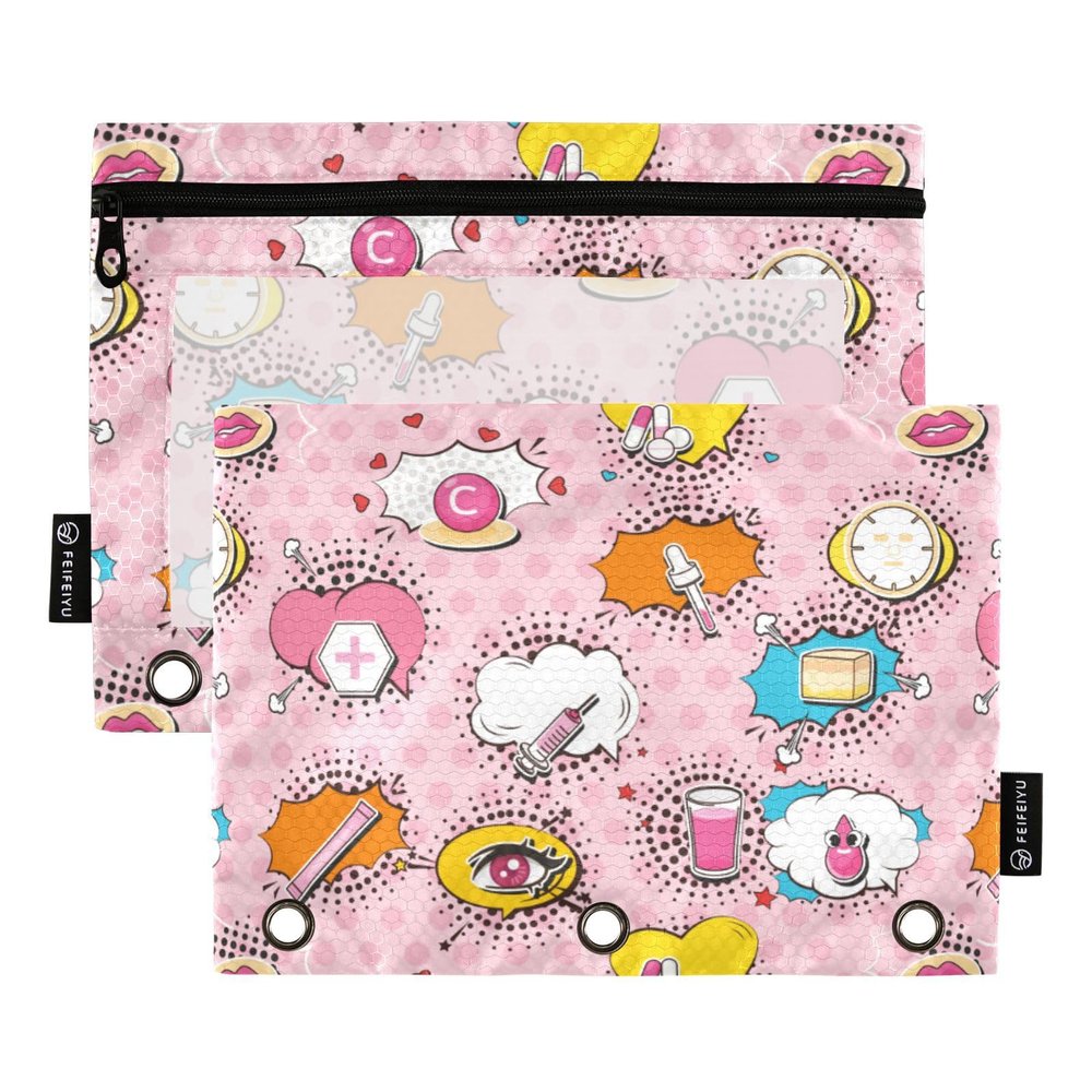 Wudan Pink Cartoon Lips 3-Ring Binder Pencil Pouches, Set of 2