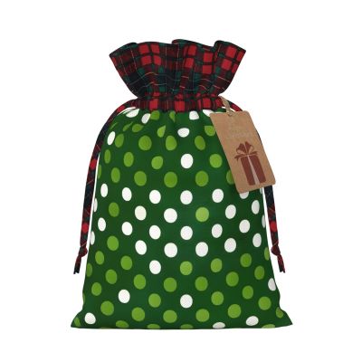 SSIMOO Green Polka-Dot Gift Bags with Drawstring, Patchwork Jute, Reusable