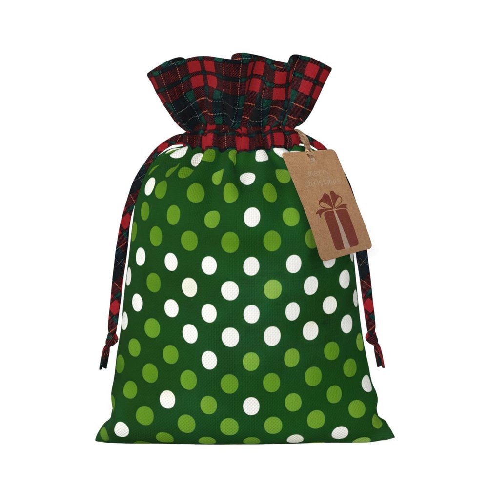 SSIMOO Green Polka-Dot Gift Bags with Drawstring, Patchwork Jute, Reusable