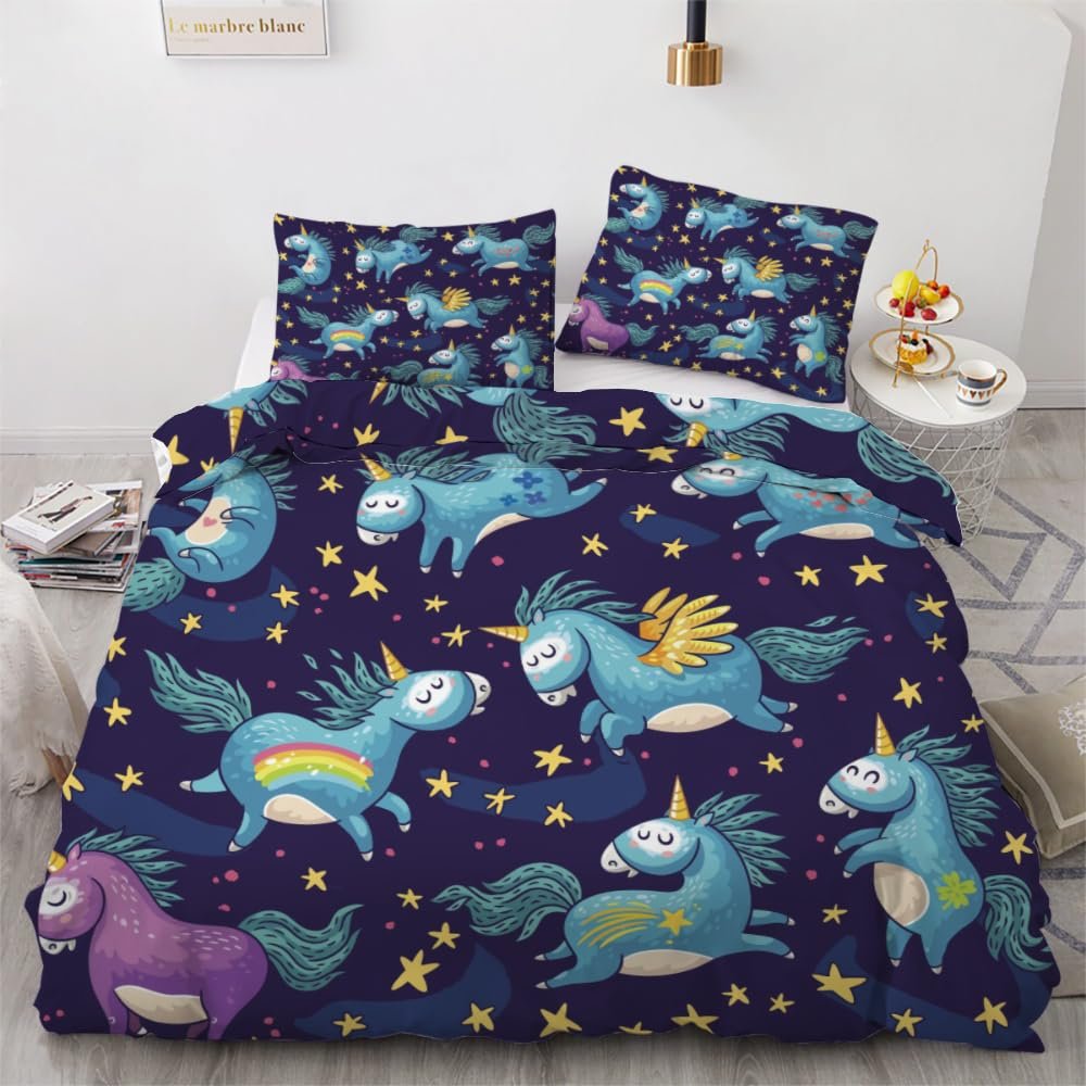 ROUSKI Unicorn Duvet Cover Set 135 x 200 cm, 4-Piece, 100% Microfiber, Reversible Stars Design
