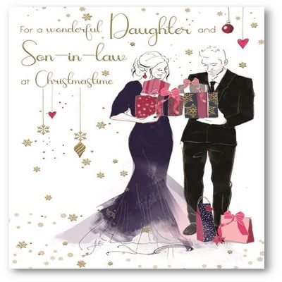 International Cards and Gifts Christmas Card for Daughter and Son-in-Law, Couple with Gifts and Embossed Foil Details