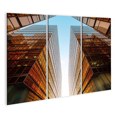 Islandburner Canvas Wall Art, Golden Office Building Facade and Blue Sky, 3-Piece Panorama Set