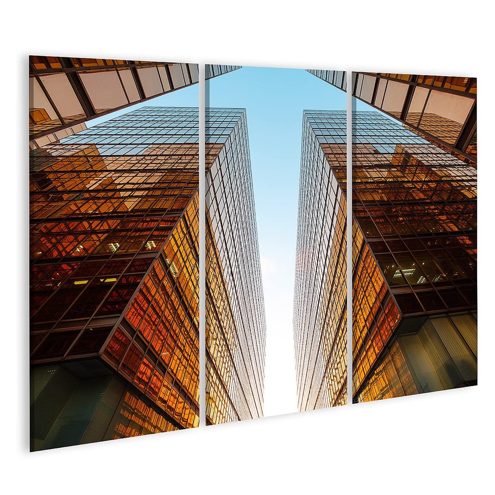 Islandburner Canvas Wall Art, Golden Office Building Facade and Blue Sky, 3-Piece Panorama Set