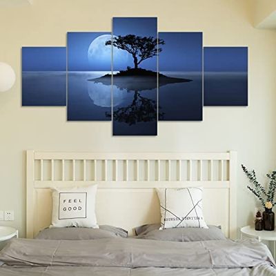 5-Piece Canvas Wall Art for Bedroom - Abstract Tree and Blue Moon, Frameless, 150 x 100 cm - HD Modular Prints, 5 Panels for Living Room, Bedroom and Home Decoration