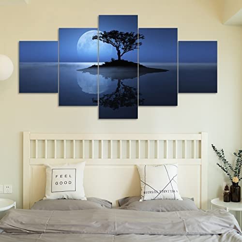 5-Piece Canvas Wall Art for Bedroom - Abstract Tree and Blue Moon, Frameless, 150 x 100 cm - HD Modular Prints, 5 Panels for Living Room, Bedroom and Home Decoration