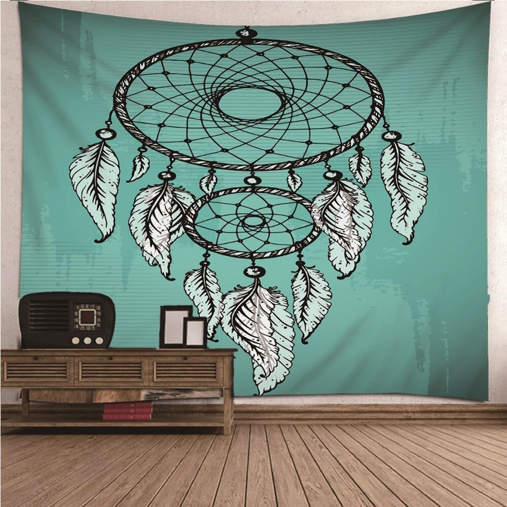 Aotiwe Boho Wall Tapestry, Blue-Green Dreamcatcher, Polyester, 150 x 130 cm