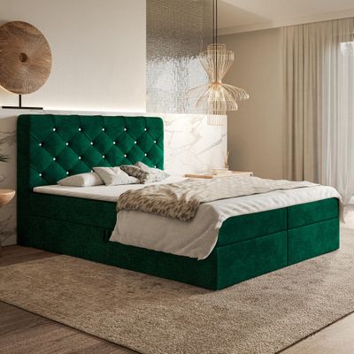 MOTIVENA Margo Chesterfield Green Boxspring Bed 160x200 cm with Storage and Topper
